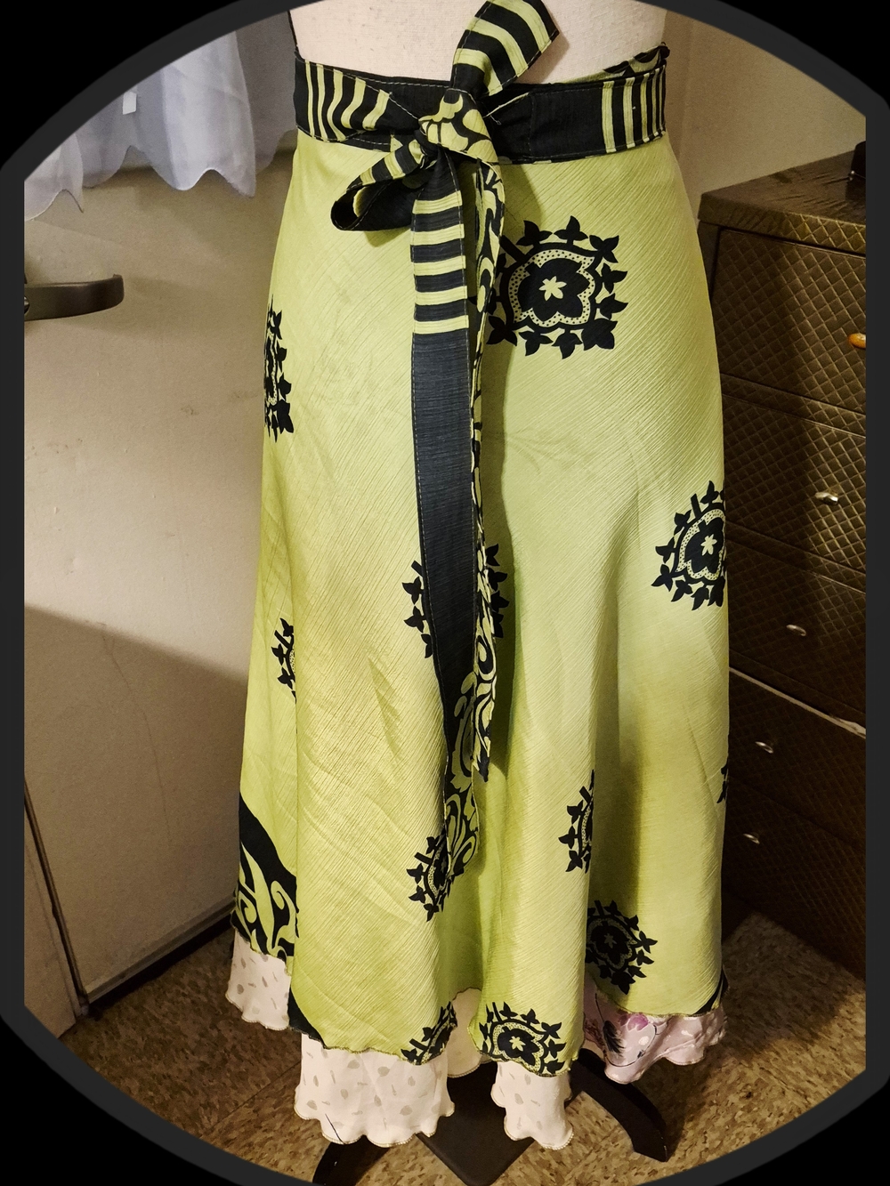 Lime Green Maxi Skirt with Black Medallion Print and Tie Waist